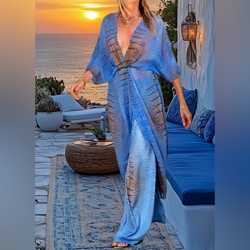 Luxury Two Piece Crocodile Pants Set Kimono Kaftan Swimsuit Coverup